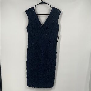 Onyx Nite Navy Blue Floral Textured Sequin Midi Dress Size 4